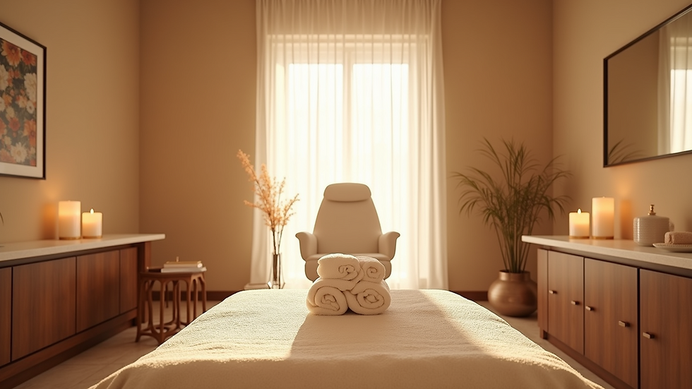Eye-level view of a serene spa room with soft lighting and a massage chair