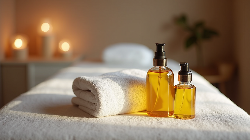 High angle view of a massage table with towels and oil bottles