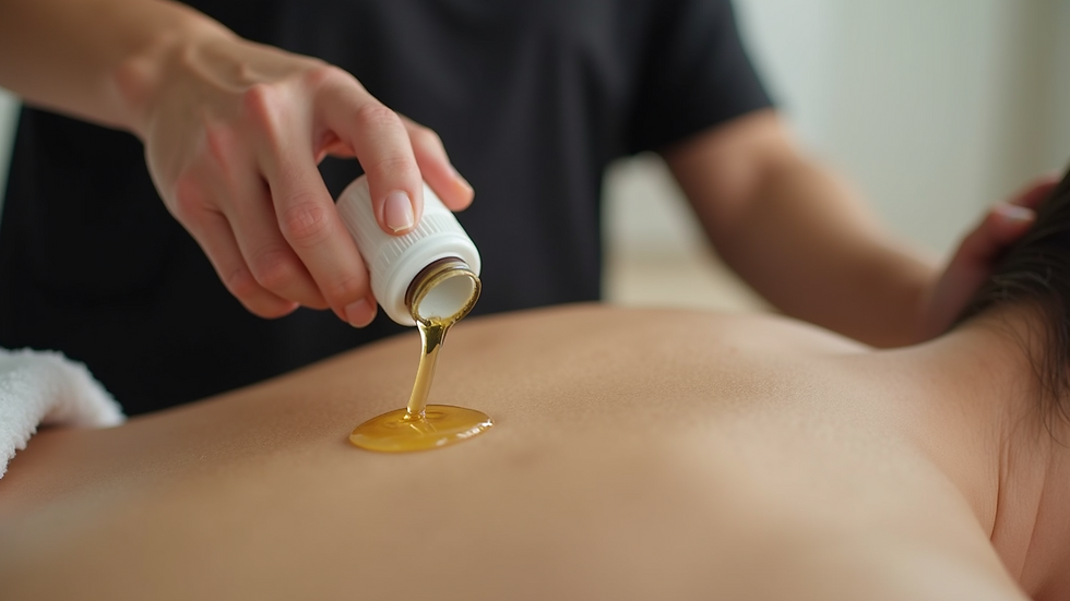 Close-up of a massage therapist applying oil on a client’s back