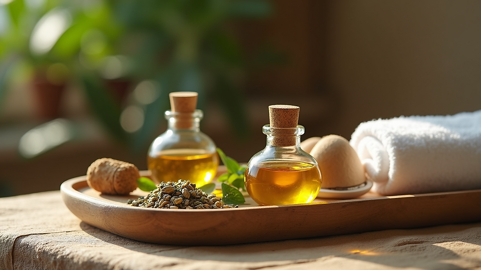 Close-up of herbal oils and massage tools on a wooden tray