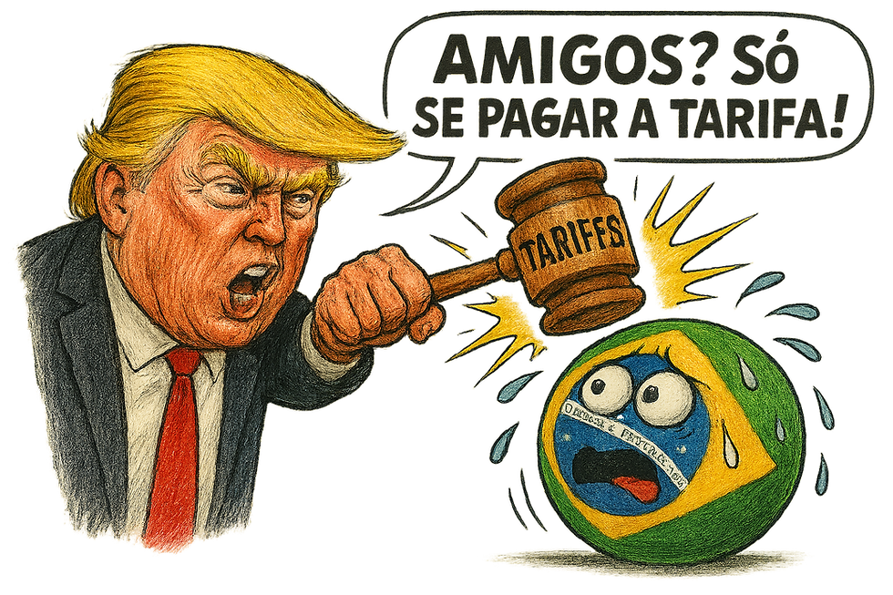 Charge criada por IA - Donald Trump e seu "tarifaço".