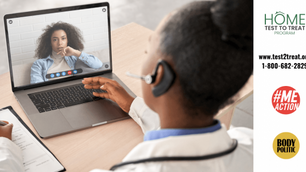Doctor with headset in video call with a patient on laptop. Notes in hand. Text: "Home Test to Treat Program," with contact info.