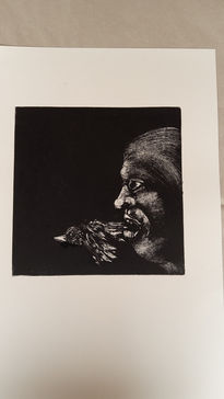 a monoprint of a bird flying out of a mouth of a creature of some sort