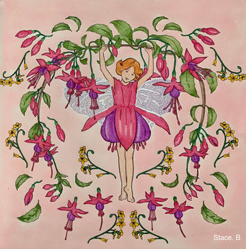 A painting of a redheaded fairy with a pixie cut holding flowers over her head. She is surrounded by other flowers as well.