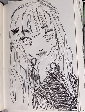 Hand drawn woman with long hair holding her chin.