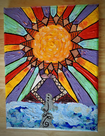 An orange circle with wooden stakes of different colors pointed at it. Beneath this is a dark blue kite over blue water.