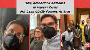 People in masks discuss MN Long COVID funding risk. Text: "SOS: #MEAction Responds to Urgent Crisis." Group in office setting.
