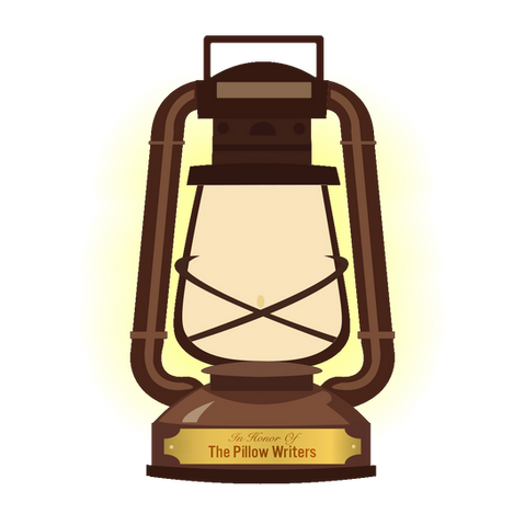 A glowing lantern. Text on a nameplate reads:
"In honor of The Pillow Writers."