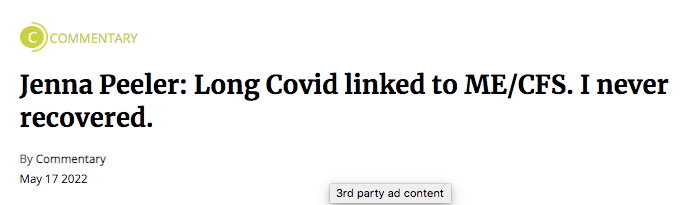 Article excerpt with "Jenna Peeler: Long Covid linked to ME/CFS. I never recovered." Commentary section, date May 17, 2022.