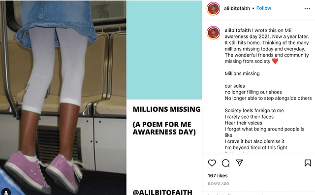 Child in pink shoes and white leggings stands on a bus seat. Text reads: "MILLIONS MISSING (A POEM FOR ME AWARENESS DAY)."