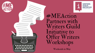 Typewriter with paper, burgundy background. Text: "#MEAction partners with Writers Guild Initiative to offer writers workshops. Weekends in May."