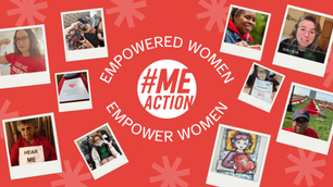 Polaroid photos of diverse women on red background. Center text: "#ME Action." Surrounding text: "Empowered Women Empower Women." Energetic mood.