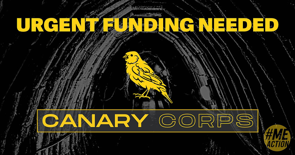 Yellow text "Urgent Funding Needed" over dark tunnel background. Yellow canary image with "CANARY CORPS" text below. Mood: urgent.