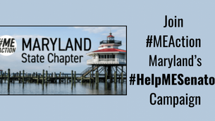Maryland dock scene with text: Join #MEAction Maryland's #HelpMESenator Campaign. Promoting involvement in a local initiative.