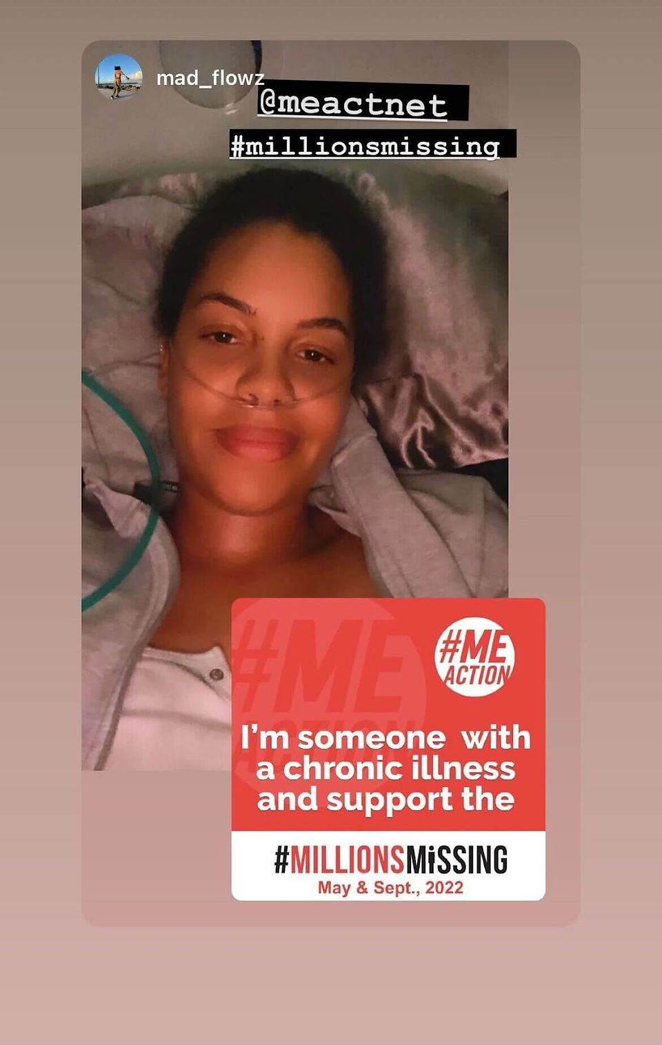 Person lying in bed with oxygen tube, smiling. Text reads: "I'm someone with a chronic illness and support the #MillionsMissing." Background is cozy.