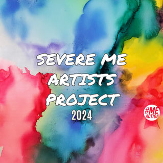 Water colors coloring mix together in the background. Text reads, "Severe ME Artists Project 2024." The #MEAction logo is beside it.