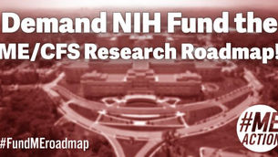 Text urging NIH to fund ME/CFS Research Roadmap over a sepia-toned aerial view of a building. Hashtags #MEAction #FundMEroadmap included.
