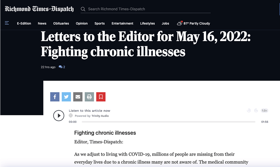 Richmond Times-Dispatch webpage titled "Letters to the Editor for May 16, 2022: Fighting chronic illnesses." Includes social media icons.