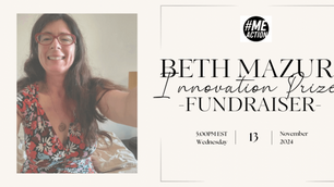 Smiling woman with glasses, floral dress. Text: Beth Mazur Innovation Prize Fundraiser, 5:00 PM EST, Wednesday, November 13, 2024. #MEAction logo.
