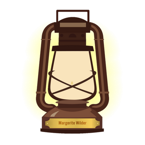 A glowing lantern. Text on a nameplate reads:
"Margerite Wilder."