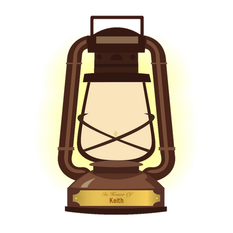 A glowing lantern. Text on a nameplate reads:
"In honor of Keith."