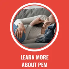 Photo of a woman lying down on a couch. Below it, text reads, "Learn more about PEM."