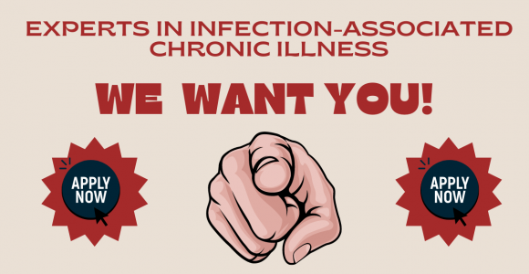 Recruitment ad with a pointing hand, text "Experts in Infection-Associated Chronic Illness" and "We Want You!", and "Apply Now" buttons.