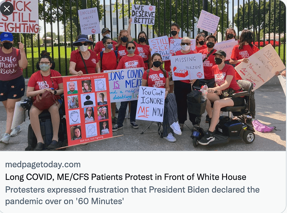 Protesters in red shirts with signs demand action on Long COVID/ME at the White House gate. Emotions are tense and hopeful.