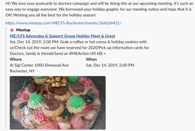 Holiday meet invite with info. Plate of festive cookies wrapped in cellophane with a gold bow. Text details event date, time, and location.