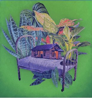 A miniature house on a striped mattress with vibrant plants on a rusty bed frame against a bright green background, creating a surreal scene.
