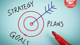 Red arrow and bullseye diagram with "Strategy," "Plans," "Goals" on blue background. Red marker and ME Action Scotland logo visible.