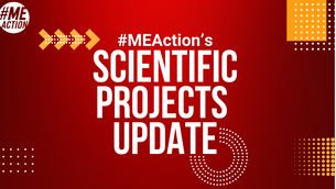 Red background with white and yellow graphics. Text: "#MEAction’s Scientific Projects Update." Energetic, informative mood.