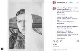 A half-finished pencil drawing of a woman on a bed, showing half her face. The right side is blank, creating a contrast.