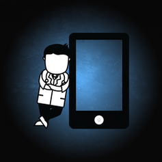 Black and blue background with a spotlight on a black and white cartoon man leaning up against a smart phone.