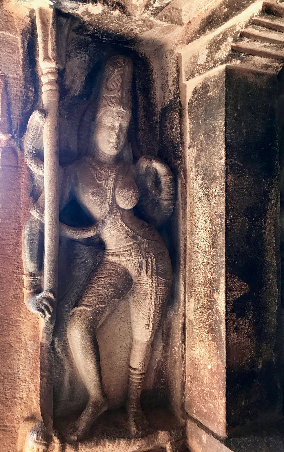 Fig 1. 6th century Ravanaphadi cave temple, Ardhanarishvara (half Shiva, half Parvati), Aihole Hindu monuments Karnataka.
