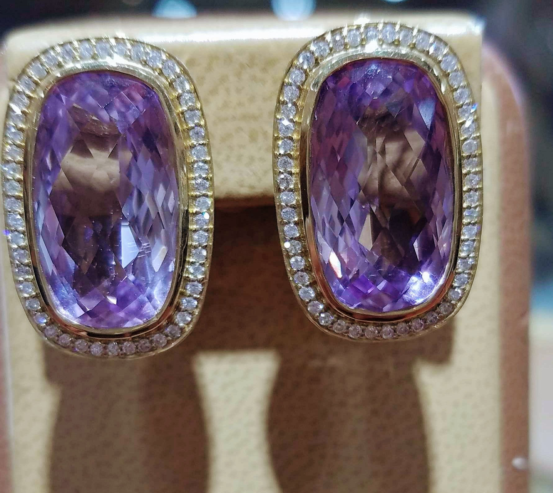 14k YELLOW GOLD KUNZITE & DIAMOND EARRINGS