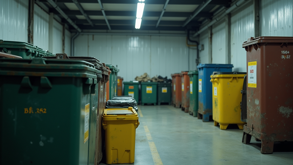 Eye-level view of a hazardous waste storage area with clearly labeled containers