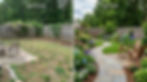 Before and after AI garden design showing a neglected backyard transformed into a lush outdoor living space with curved stone paths, colorful planting beds, lawn, and seating.