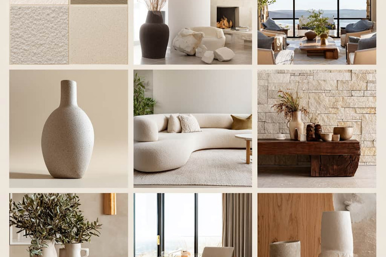 Griglia di nove foto con vasi in ceramica, campioni testurizzati, divani e pareti in pietra che formano una moodboard neutra