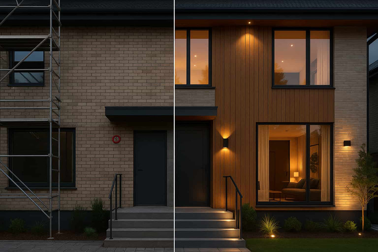 Confronto affiancato della facciata di una casa prima con ponteggi e dopo, con rivestimento in legno e ingresso illuminato di notte