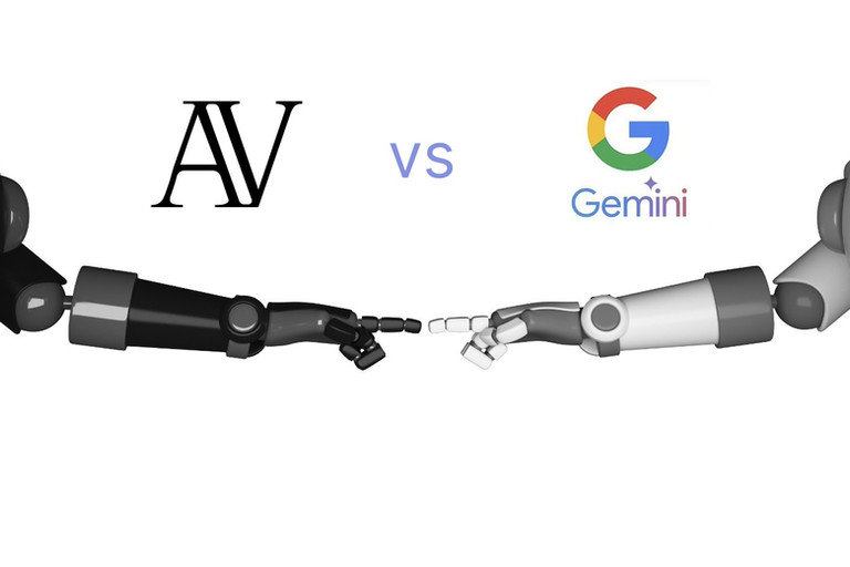 Dos brazos robóticos renderizados en 3D chocan los puños entre el logo de AV y el logo de Google Gemini con la etiqueta VS