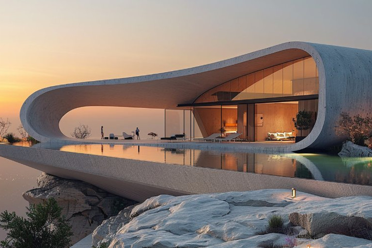 Rendering fotorealistico di una casa curva in cemento a sbalzo su una scogliera con piscina a sfioro al tramonto