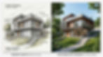 AI for architecture example showing a modern residence concept sketch transformed into a photorealistic render with glass facades, terraces, and landscaped surroundings.
