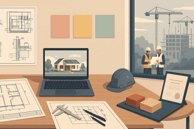 Illustrazione piatta della scrivania di un architetto con laptop, planimetrie, casco, materiali e un cantiere visibile dalla finestra