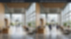 Before and after architectural lobby render showing how PNG cutout people add scale, activity, and realistic human context to an empty interior scene.