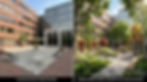 Before-and-after comparison of a commercial courtyard photo transformed into an AI-generated urban green space with planting, seating, pathways, and shade structures.