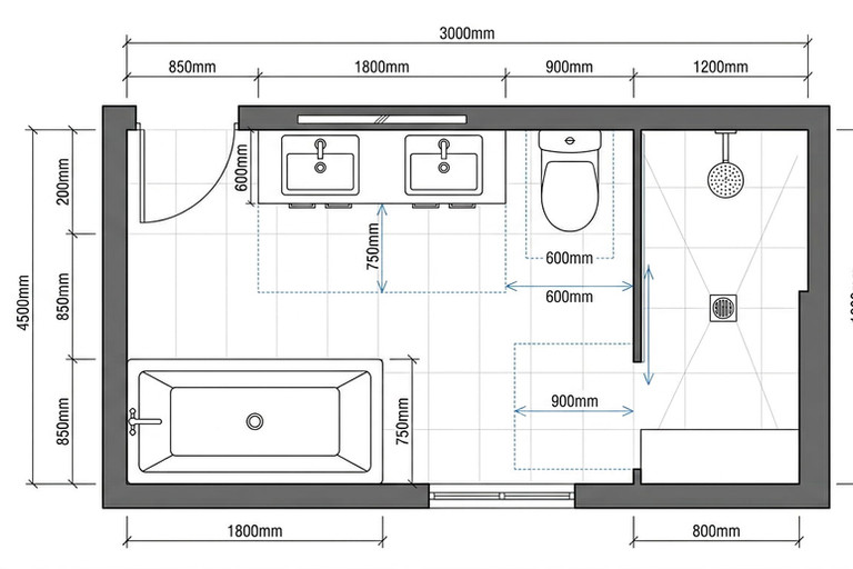 Diagramma in bianco e nero della planimetria di un bagno con misure per doppio lavabo, wc, doccia e vasca