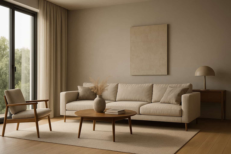 Render 3D di un soggiorno beige con divano in lino, poltrona in legno, tavolino rotondo e tende leggere