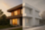Side by side modern house showing CGI architectural rendering on the left and a clean 3D wireframe model on the right, illustrating the CGI workflow.