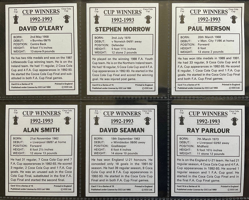 Thumbnail: CCC Limited Cup Winners 1992-1993 Arsenal Football Trade Cards